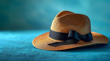 a classic straw fedora hat with a black ribbon band, perfectly isolated on a vibrant cobalt blue background, showcasing its timeless elegance  - obrazy, fototapety, plakaty