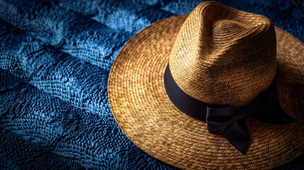 a classic straw fedora hat with a black ribbon band, perfectly isolated on a vibrant cobalt blue background - obrazy, fototapety, plakaty