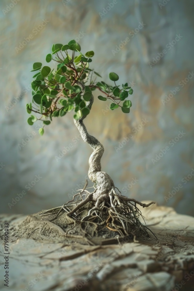 Poster a unique bonsai tree with roots growing out of it, perfect for nature and botanical concepts
