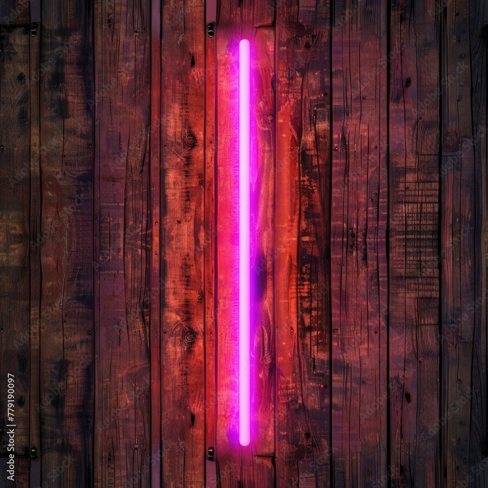 Poster A vibrant pink neon light glowing on a rustic wooden wall. Perfect for adding a pop of color to any design project