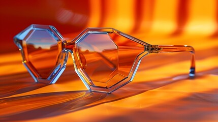a modern pair of geometric sunglasses with angular frames, casting intriguing shadows against a backdrop of fiery sunset orange - Powered by Adobe