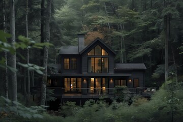 A craftsman house surrounded by tall trees, its dark exterior standing out against the lush green foliage.