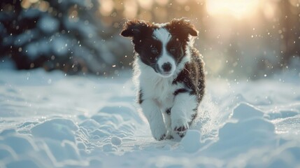 A black and white dog running in the snow. Suitable for winter themes