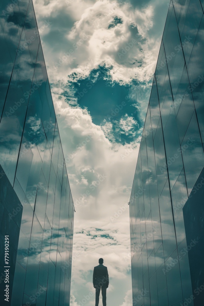 Poster a man standing in front of a modern glass wall. suitable for business concepts
