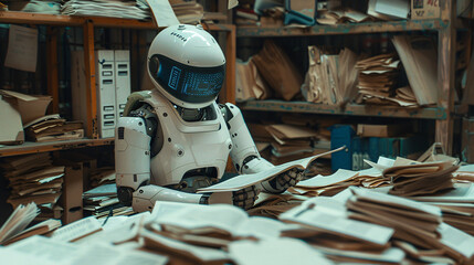 Irony in technology: a futuristic robot stuck doing mundane paperwork, surrounded by piles of documents, expressing a digital sigh, in a cluttered, old-fashioned office environment - (3) - obrazy, fototapety, plakaty