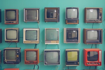 A collection of vintage televisions mounted on a wall. Ideal for retro technology concepts - obrazy, fototapety, plakaty