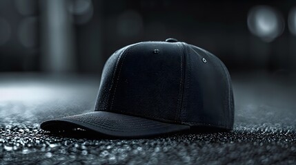 a modern snapback hat in sleek monochrome, elegantly displayed against a backdrop of midnight black, exuding contemporary urban style and streetwise cool, in cinematic 16k high resolution. - obrazy, fototapety, plakaty