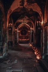 Obraz premium Lit candles in an old church hallway, suitable for religious and spiritual themes
