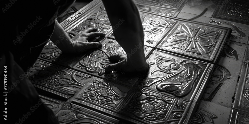 Poster a person standing on a tile floor, suitable for various projects