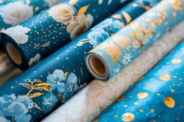 Blue Wrapping Paper Rolls: Floral Patterns, Gold Accents - Elegant Rolls of Gift Wrapping Paper with Floral Prints for Presents, Celebrations, Birthday, Christmas  