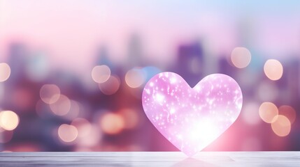 Fototapeta premium Pink pastel color love heart on blurred city light background.