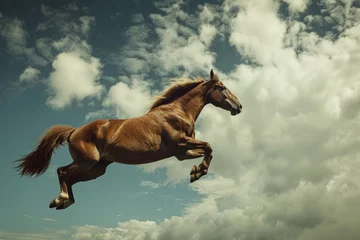 Tuinposter A brown horse jumping in the air. Suitable for equestrian events promotion © Fotograf