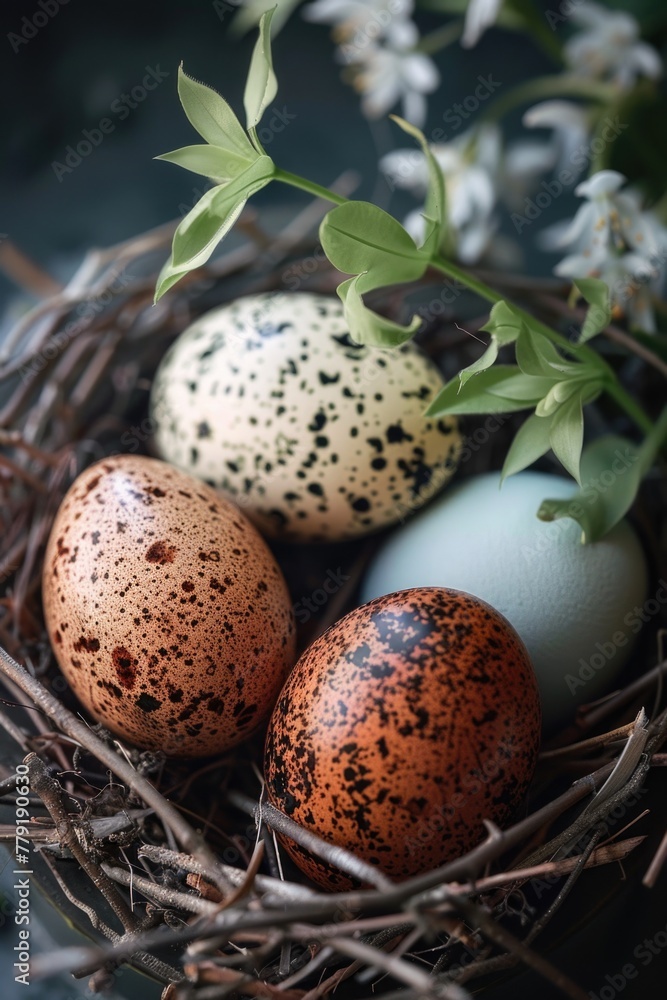 Poster three eggs sitting in a nest on a table. suitable for food and cooking concepts