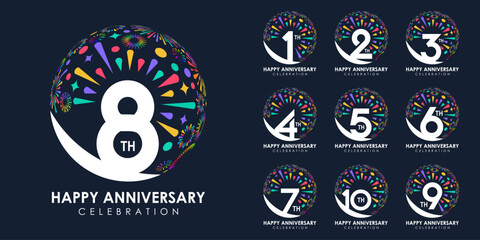 set of 1 to 10th anniversary logotype design, with colorful fireworks for celebration event, wedding, and birthday, vector illustration