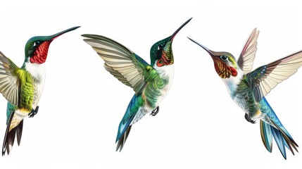 Fototapeta premium Three hummingbirds flying in the air, perfect for nature designs