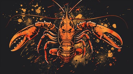 Detailed drawing of a lobster on a dark black background. Suitable for seafood restaurants or marine life illustrations - obrazy, fototapety, plakaty