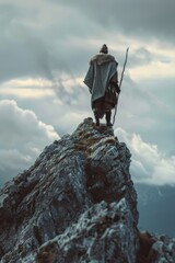 A man standing on top of a mountain with a stick. Ideal for outdoor and adventure concepts - obrazy, fototapety, plakaty