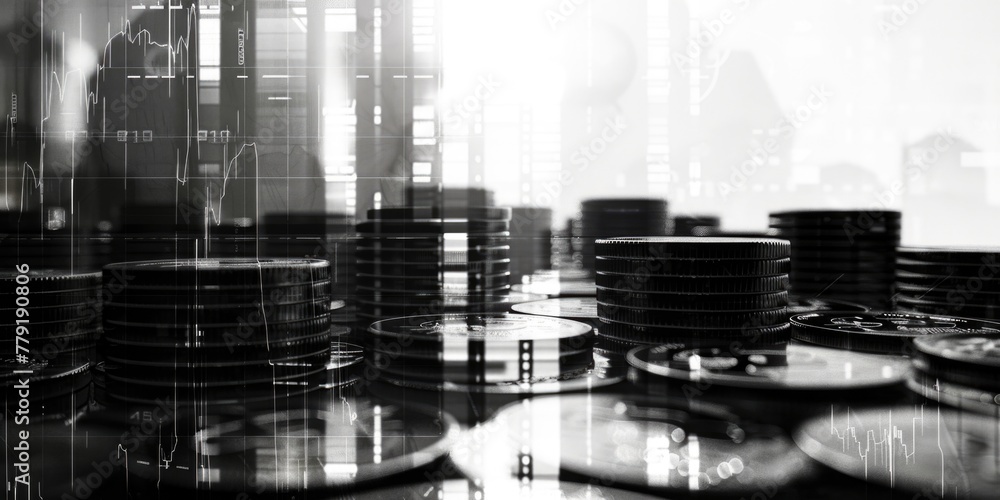 Poster a monochrome image of stacked coins. ideal for finance and investment concepts