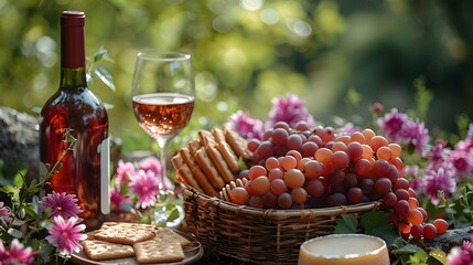a summer picnic scene: a rustic picnic basket brimming with delectable treats, including cheese, grapes, crackers, and a bottle of wine, against a serene solid backdrop