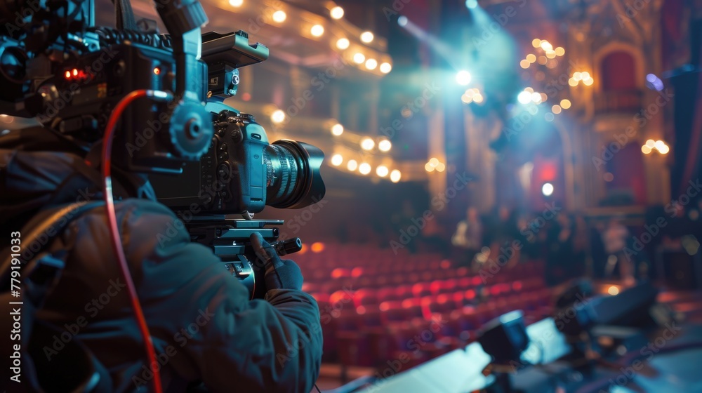 Poster a man using a video camera for filming, suitable for media projects