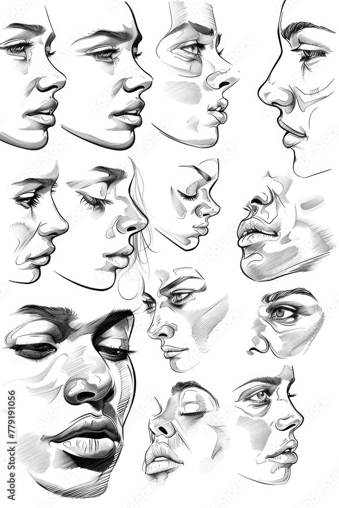Poster A detailed drawing of a man's face showing various expressions. Suitable for illustrating emotions and communication concepts