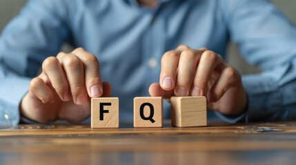 Businessman puts wooden blocks with the word FAQ (frequently asked questions). Collection of frequently asked questions on any topic and answers to them.