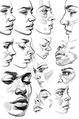 A detailed drawing of a man's face showing various expressions. Suitable for illustrating emotions and communication concepts