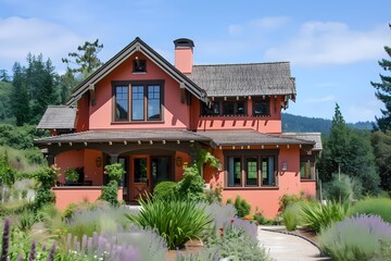 An enchanting craftsman house painted in a delicate peach hue, blending seamlessly with the surrounding landscape.