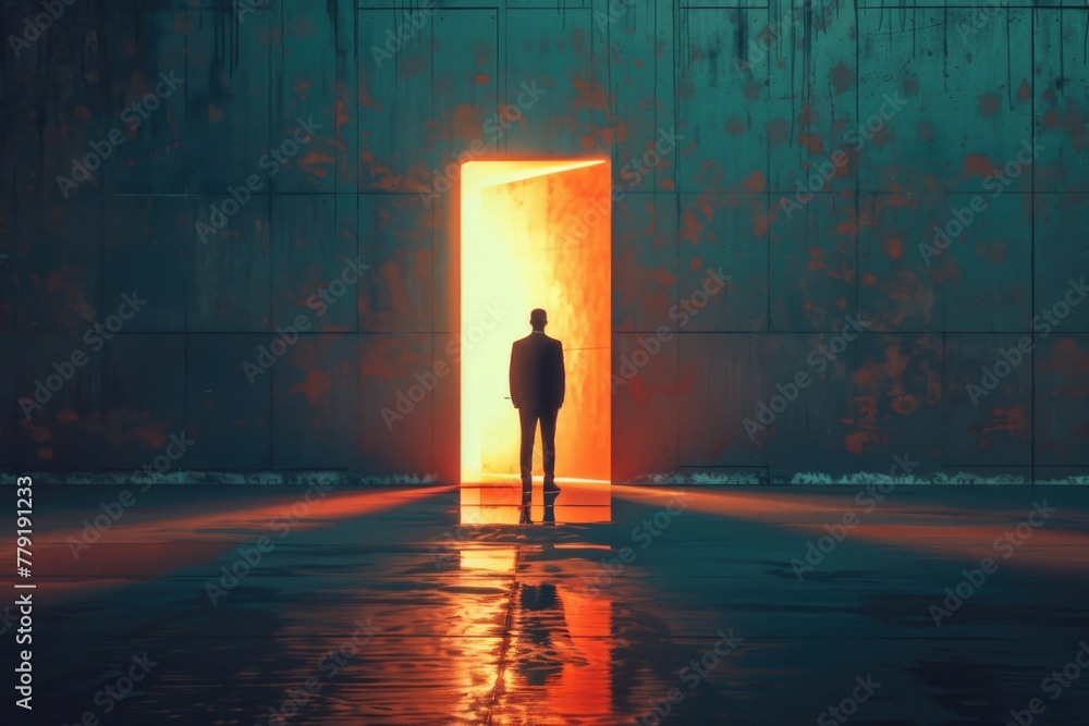 Poster A man standing in front of an open door, suitable for various concepts