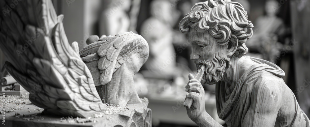 Poster a statue of a man praying next to a statue of an angel. suitable for religious themes