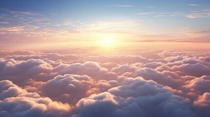 Beautiful sunset view over the clouds. Flight in the sky at sunset view from airplane window. - obrazy, fototapety, plakaty