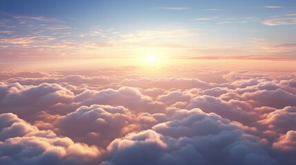 Beautiful sunset view over the clouds. Flight in the sky at sunset view from airplane window.