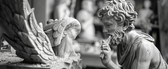 A statue of a man praying next to a statue of an angel. Suitable for religious themes - obrazy, fototapety, plakaty