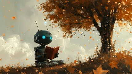 Learning Together: Robot and Child Reading Under a Tree, generative ai