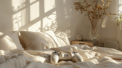 Fototapeta na wymiar Beautiful minimalistic bedroom in beige tones.