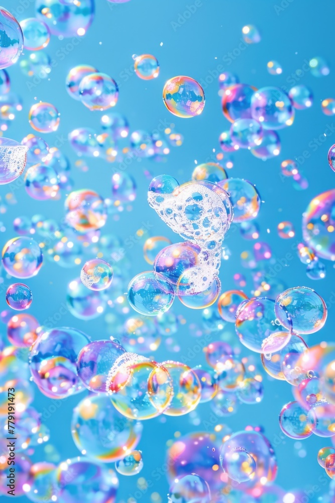 Poster A bunch of soap bubbles floating in the air. Ideal for advertising and spa concepts