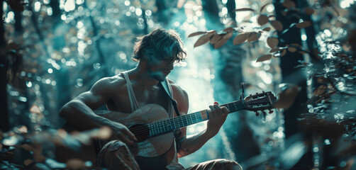 A man playing guitar in a natural setting, suitable for music and nature themes