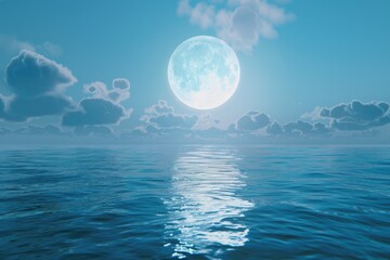 A stunning view of a full moon rising over the ocean. Perfect for night sky or nature-themed projects
