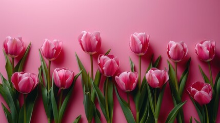 Beautiful bedding minimalistic pink background with pink tulips