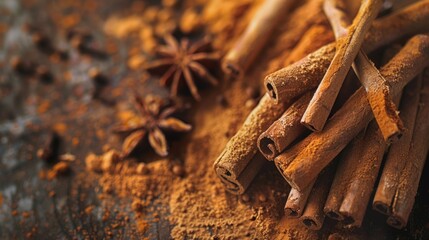 Fototapeta na wymiar A pile of cinnamon sticks and star anise on a wooden table, perfect for food and spice concepts