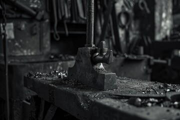 A classic black and white photo of a rustic workbench. Perfect for industrial design projects - obrazy, fototapety, plakaty