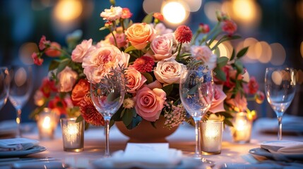Elegant Gala Table Setup with Floral Centerpiece, generative ai
