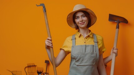 A woman holding gardening tools, perfect for gardening or outdoor activities