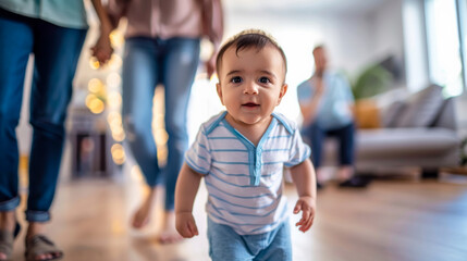Adorable little baby boy walking towrads camera in the living room, parents and cousins behind.