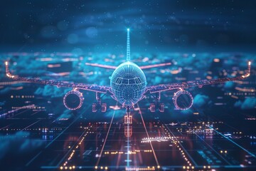 3D rendering illustration aeroplane blueprint glowing neon hologram futuristic show technology security for premium product business finance transportation