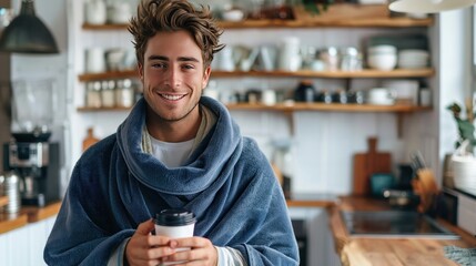 A young man wrapped in a dark blue bath towel stands in a white minimalist kitchen and holds a cup of coffee