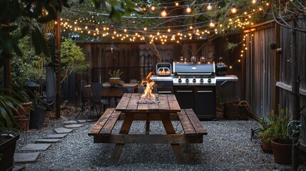 A cozy barbecue setup with a rustic grill, wooden picnic table