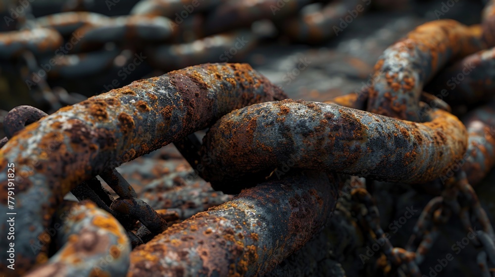 Poster a detailed view of a rusty chain. perfect for industrial concepts