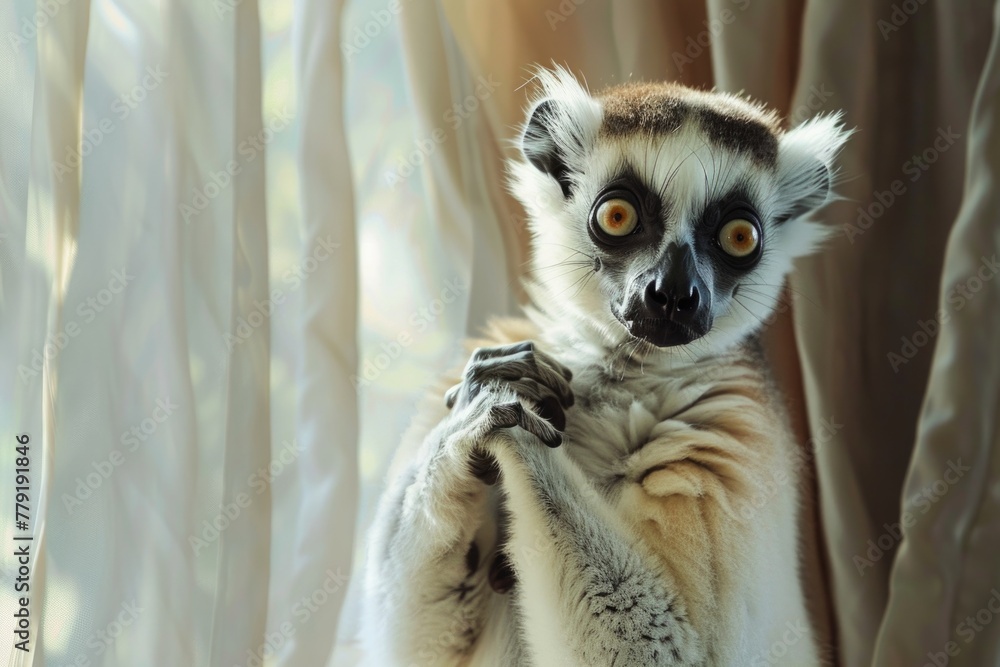 Poster close-up of a lemur looking at the camera. suitable for wildlife projects