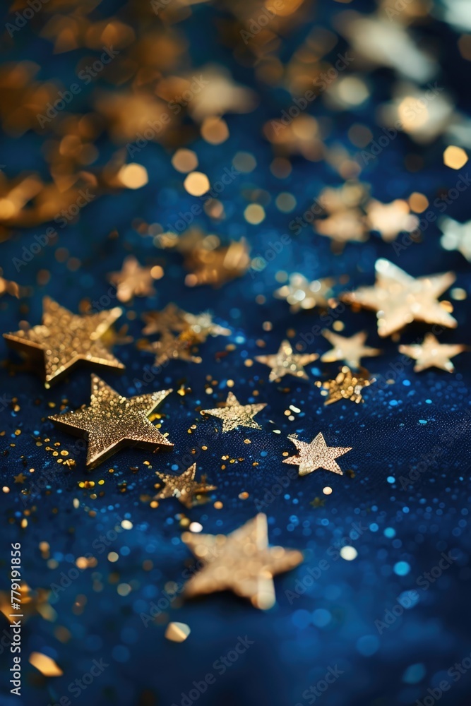 Poster close up of gold stars on blue surface, perfect for adding a touch of elegance to any design